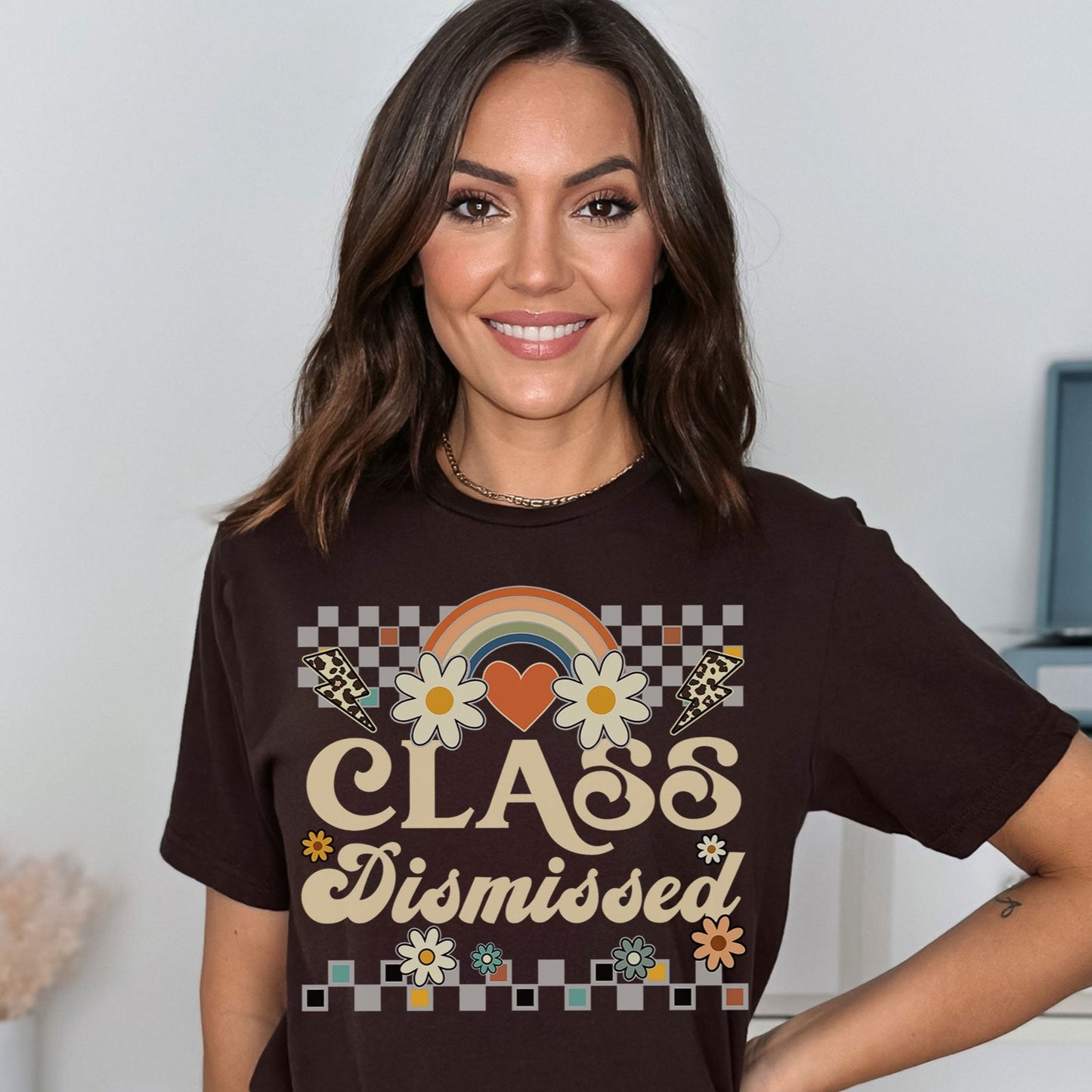 Class Dismissed Shirt, Checkered Rainbow Last Day Of School Teacher T-Shirt