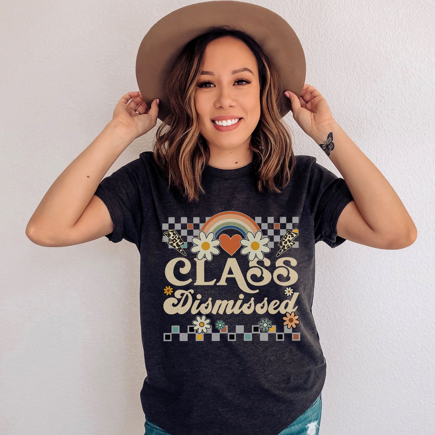 Class Dismissed Shirt, Checkered Rainbow Last Day Of School Teacher T-Shirt
