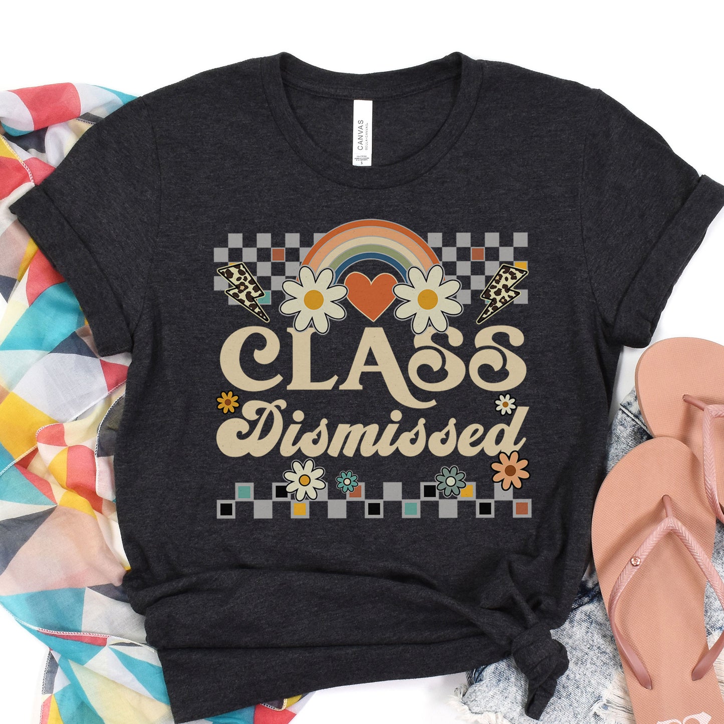 Class Dismissed Shirt, Checkered Rainbow Last Day Of School Teacher T-Shirt