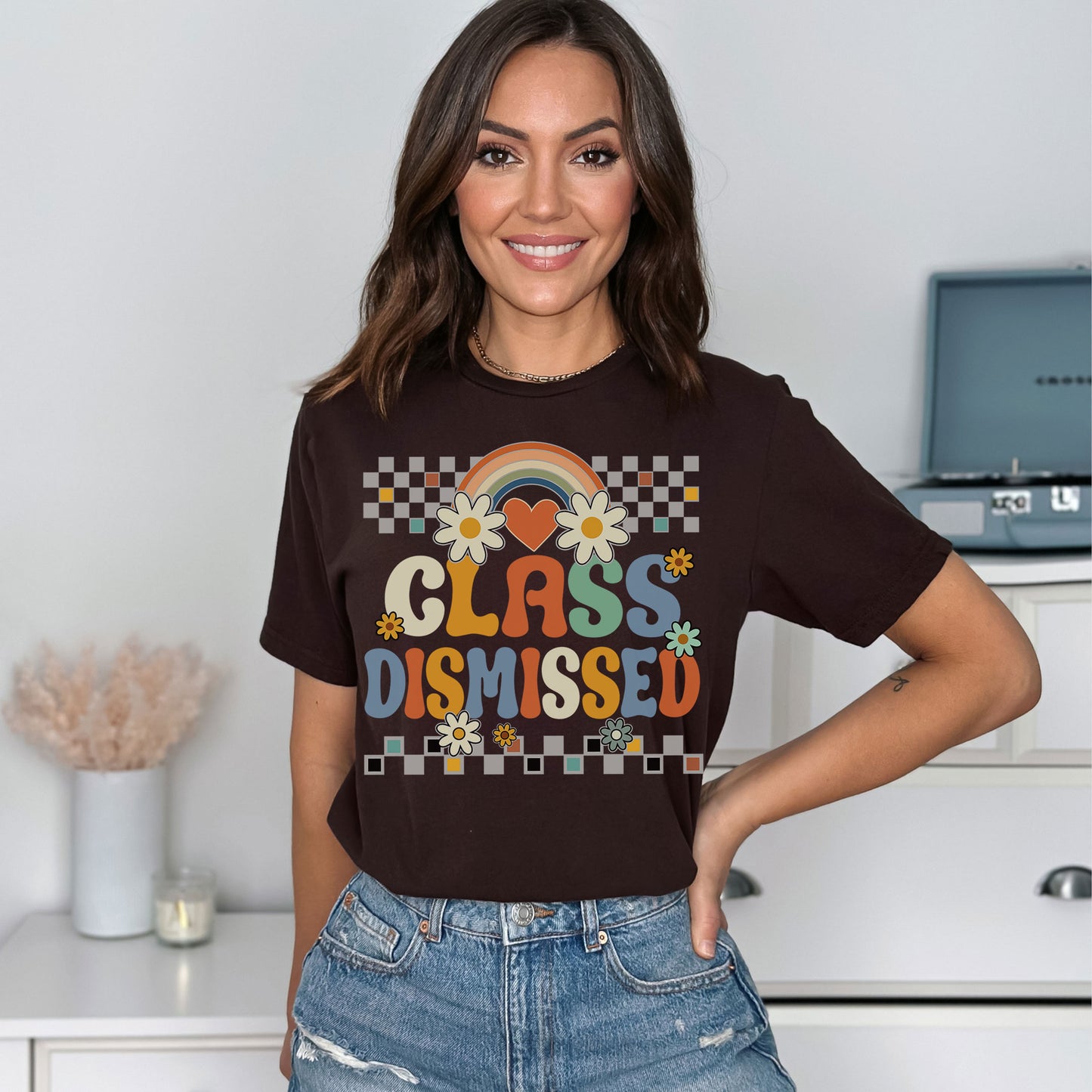 Class Dismissed Shirt, Checkered Rainbow Last Day Of School Teacher T-Shirt