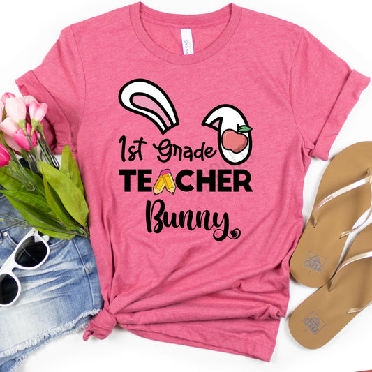 First Grade Teacher Bunny Easter Shirt, Rabbit Ear Teaching Elementary 1st Grd Cute Easter Tee, Happy Easter Teacher Team Squad Crew T-Shirt