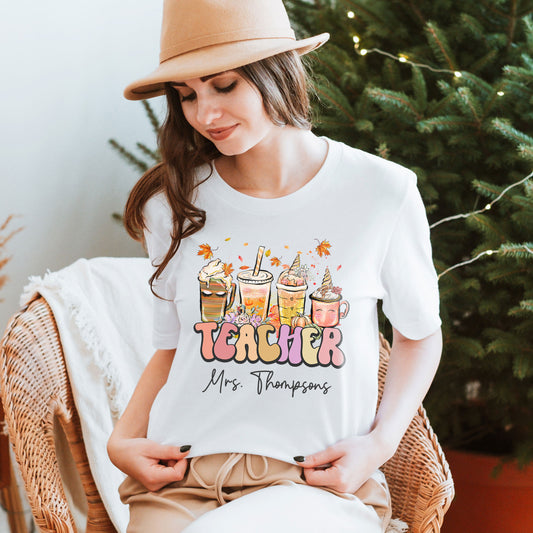 Custom Teacher Shirt Custom Fall Teacher Sweatshirt Personalized Name Teacher Coffee Sweater Gift For Elementary School Teacher Kindergarten