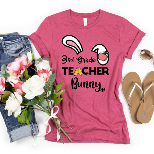 Third Grade Teacher Bunny Easter Shirt, Rabbit Ear Teaching Elementary 3rd Grd Cute Easter Tee Happy Easter Teacher Team Squad Crew T-Shirt