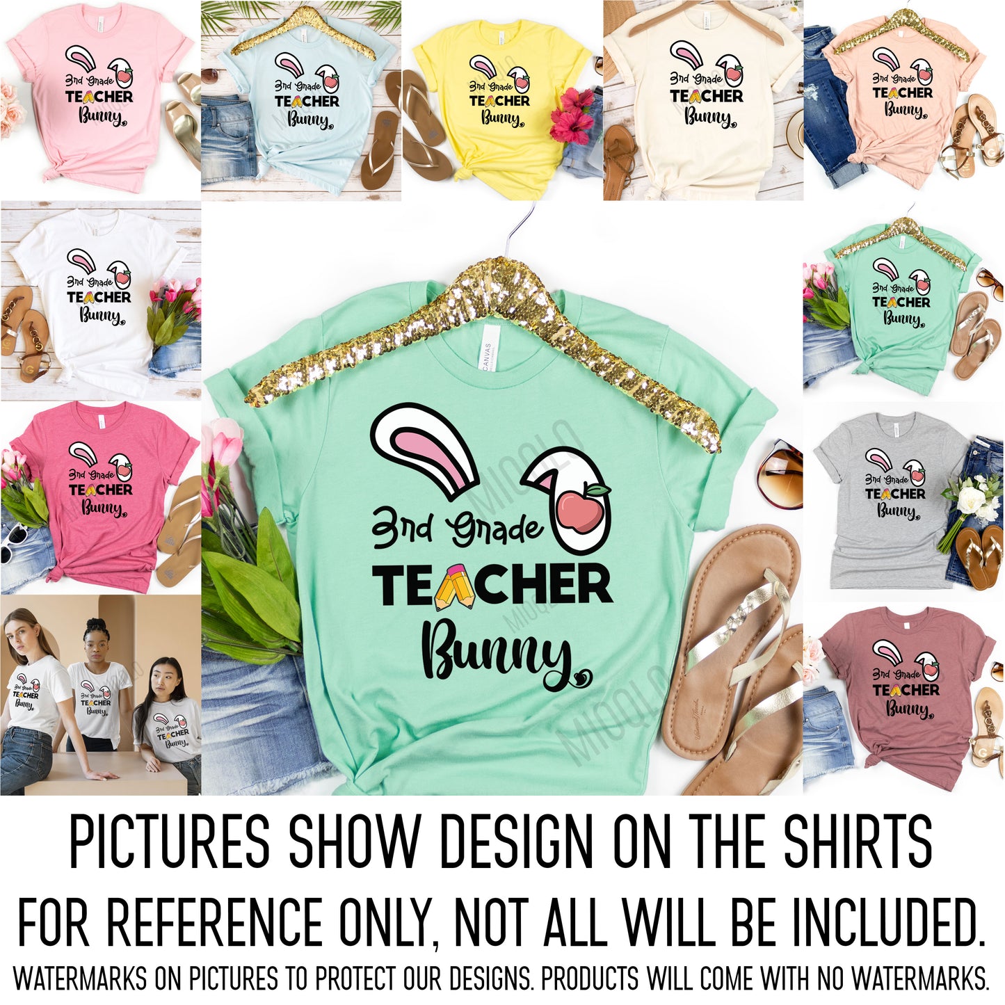Third Grade Teacher Bunny Easter Shirt, Rabbit Ear Teaching Elementary 3rd Grd Cute Easter Tee Happy Easter Teacher Team Squad Crew T-Shirt