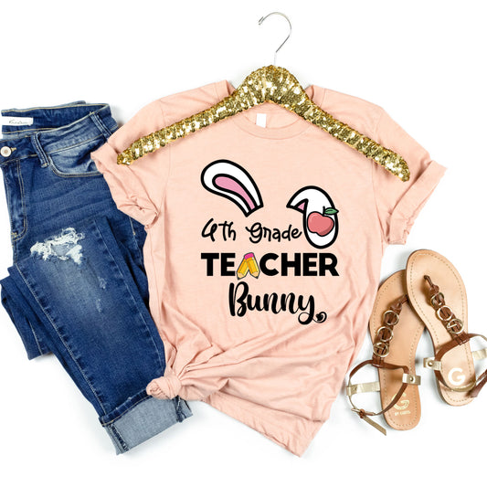 Fourth Grade Teacher Bunny Easter Shirt, Rabbit Ear Teaching Elementary 4th Grd Cute Easter Tee Happy Easter Teacher Team Squad Crew T-Shirt
