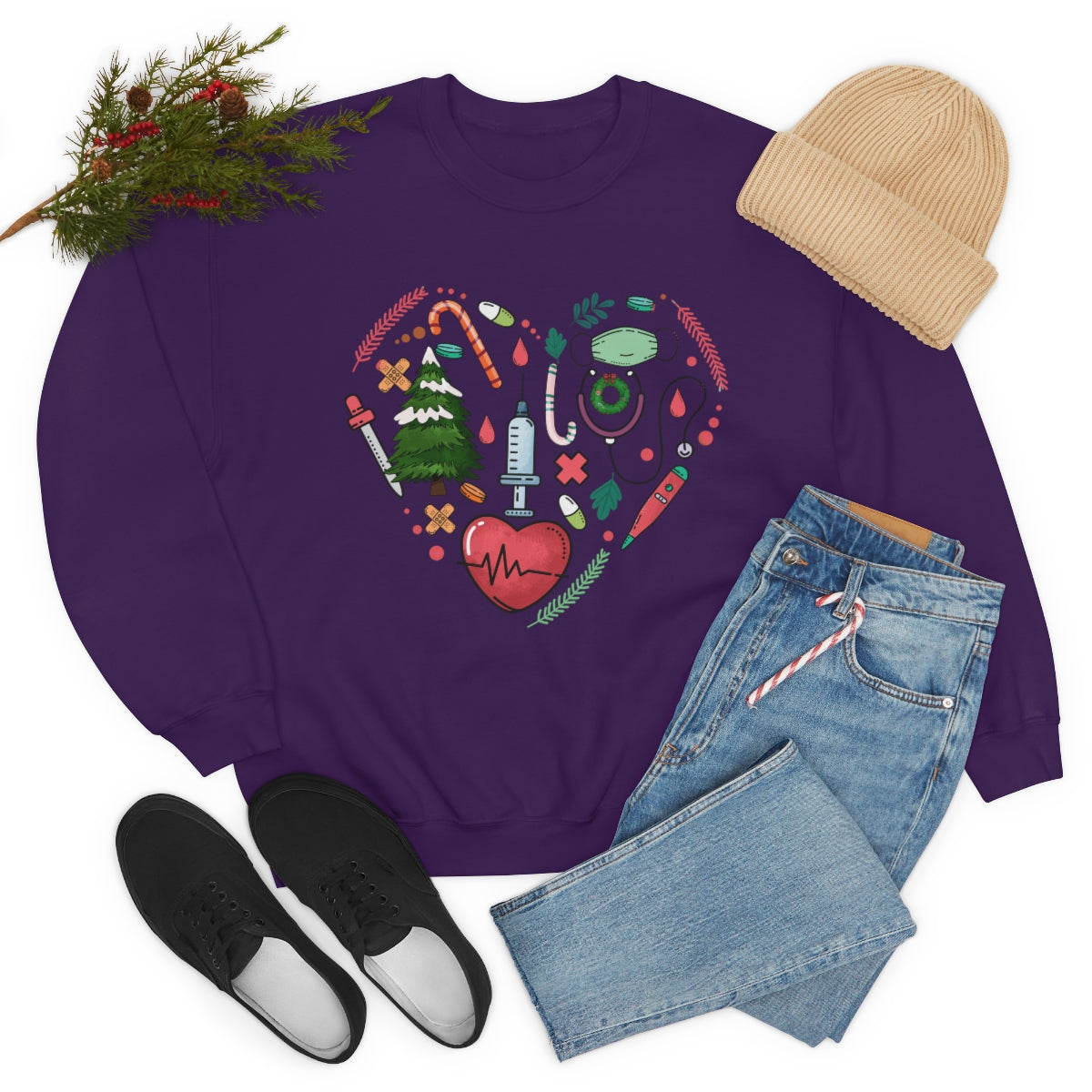 Heart Nurse Christmas Tree Crewneck Sweatshirt, Tools Pink Heart Christmas Gift