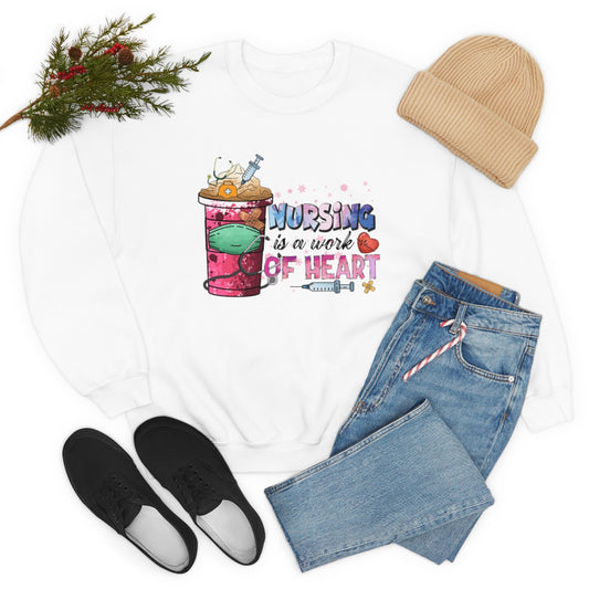 Nursing Is A Work Of Heart Crewneck Sweatshirt, Coffee Nurse Pink Heart Christmas Gift