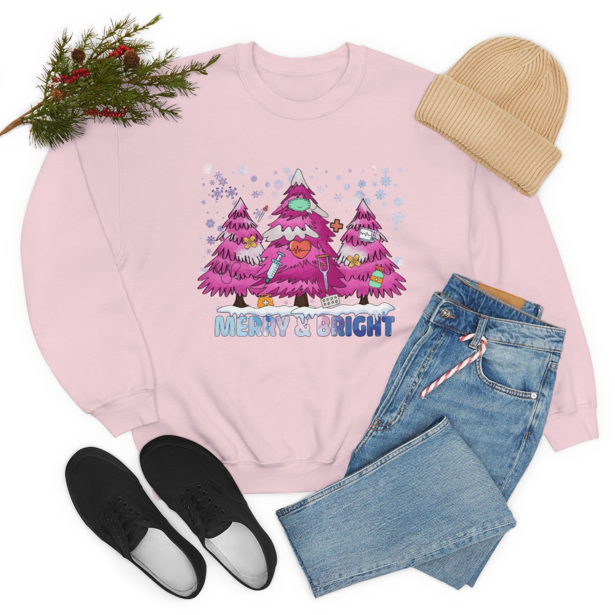 Merry And Bright Nurse Crewneck Sweatshirt, Pink Christmas Trees Snowflakes Christmas Gift