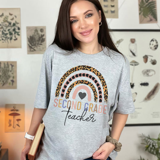 Second Grade Teacher, 2nd Grade Teacher Shirt, Boho Rainbow Leopard Teacher Tee, Gift For Teacher, Elementary Teacher, Hello Second Grade
