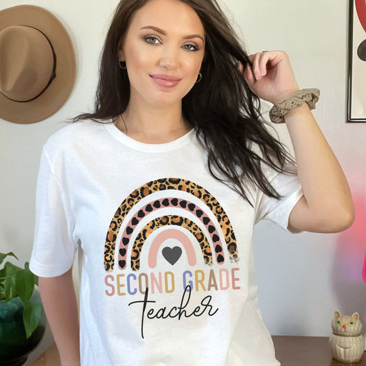 Second Grade Teacher, 2nd Grade Teacher Shirt, Boho Rainbow Leopard Teacher Tee, Gift For Teacher, Elementary Teacher, Hello Second Grade