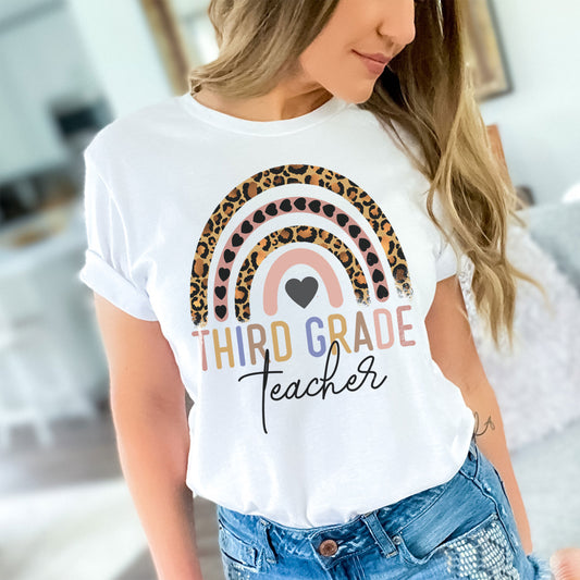 Third Grade Teacher, 3rd Grade Teacher Shirt, Boho Rainbow Leopard Teacher Tee, Gift For Teacher, Elementary Teacher, Hello Third Grade Tee