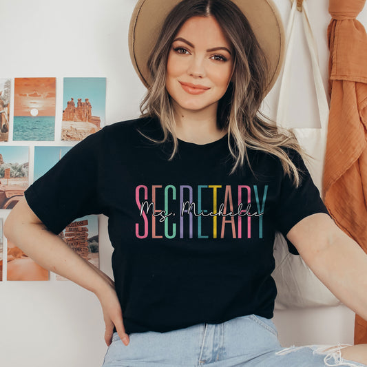Custom Name Secretary Shirt, Birthday Secretaries Day Gift Tees, School Receptionist T-Shirts, First Day Of School Admin Squad Personalized