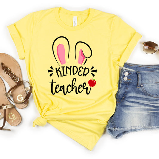Kinder Teacher Easter Shirt, Rabbit Ear Teaching Elementary School Hip Hop Cute Easter Tee Happy Easter Kindergarten ABC Teacher Team Office