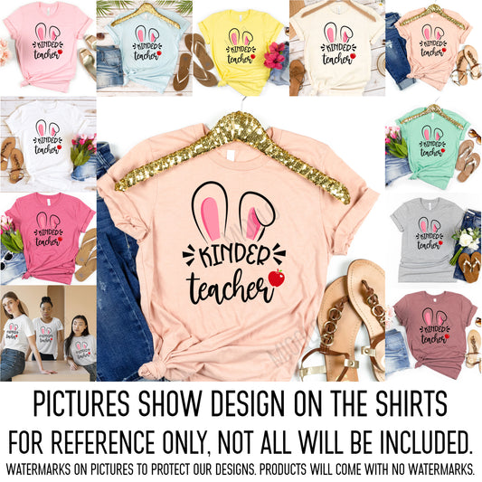 Kinder Teacher Easter Shirt, Rabbit Ear Teaching Elementary School Hip Hop Cute Easter Tee Happy Easter Kindergarten ABC Teacher Team Office