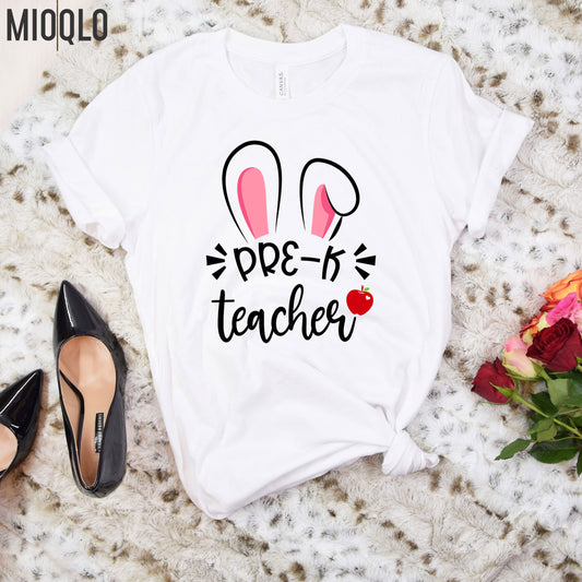 Pre-K Teacher Easter Shirt, Rabbit Ear Teaching Elementary School Hip Hop Cute Easter Tee, Happy Easter Preschool PE Art Teacher Team Office