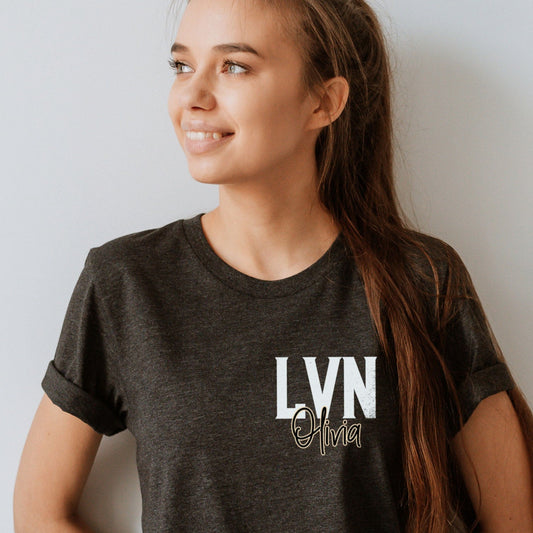 Custom Name LVN Nurse Shirt Personalized Licensed Vocational Nurse Grad Gift Tees Pocket Shirt Cute Nursing Tee Student Graduation T-Shirt