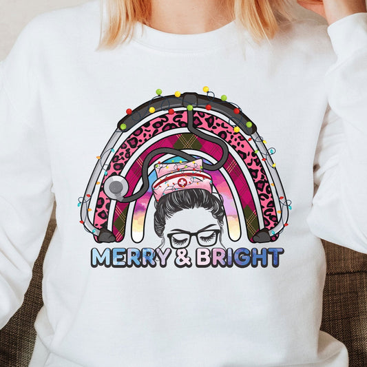 Merry And Bright Nurse Christmas Tree Crewneck Sweatshirt, Nurse Rainbow Messy Bun Christmas Gift