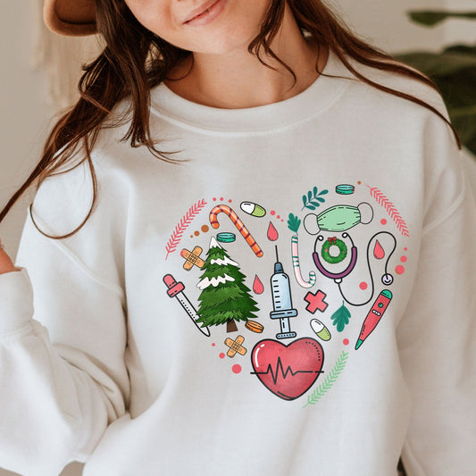 Heart Nurse Christmas Tree Crewneck Sweatshirt, Tools Pink Heart Christmas Gift