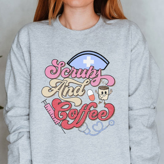 Scrubs And Coffee Nurse Crewneck Sweatshirt, Retro Xmas Nurse Hat Christmas Gift