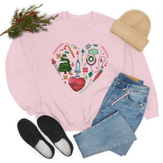 Heart Nurse Christmas Tree Crewneck Sweatshirt, Tools Pink Heart Christmas Gift