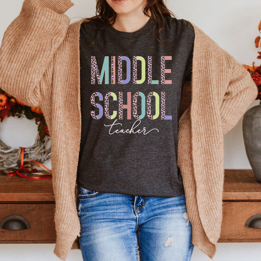 Middleschool Teacher, Middle School Teacher Shirt, Grade Level Shirts, Half Pink Leopard Teacher Tee, Second Grade Squad Tribe Crew Team Tee