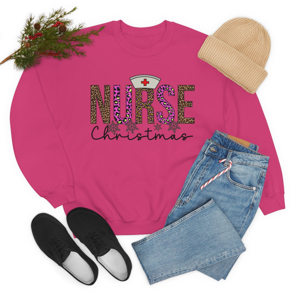 Merry Christmas Nurse Crewneck Sweatshirt, Leopard Print Nurse Hat Christmas Gift