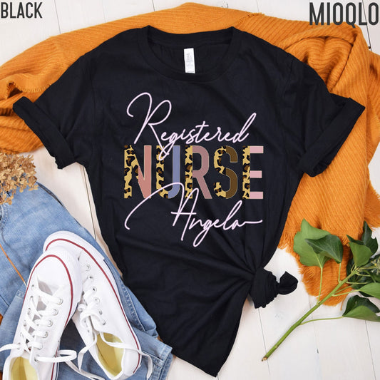 Registered Custom Name Nurse Shirts, Registered Personalized Nursing School, RN Custom Name Shirt, Registered Nurse Half Leopard Shirt, Gift