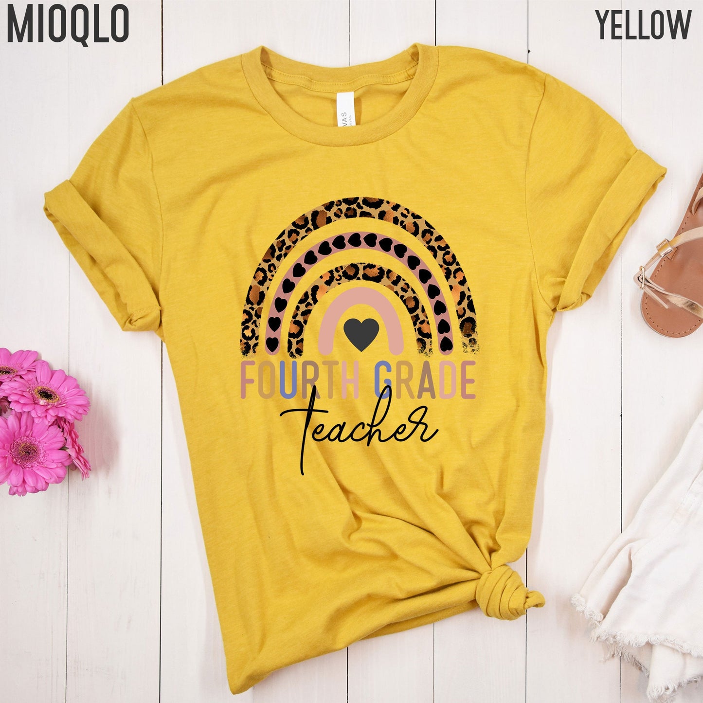 Fourth Grade Teacher, 4th Grade Teacher Shirt, Boho Rainbow Leopard Teacher Tee, Gift For Teacher, Elementary Teacher, Hello Fourth Grade