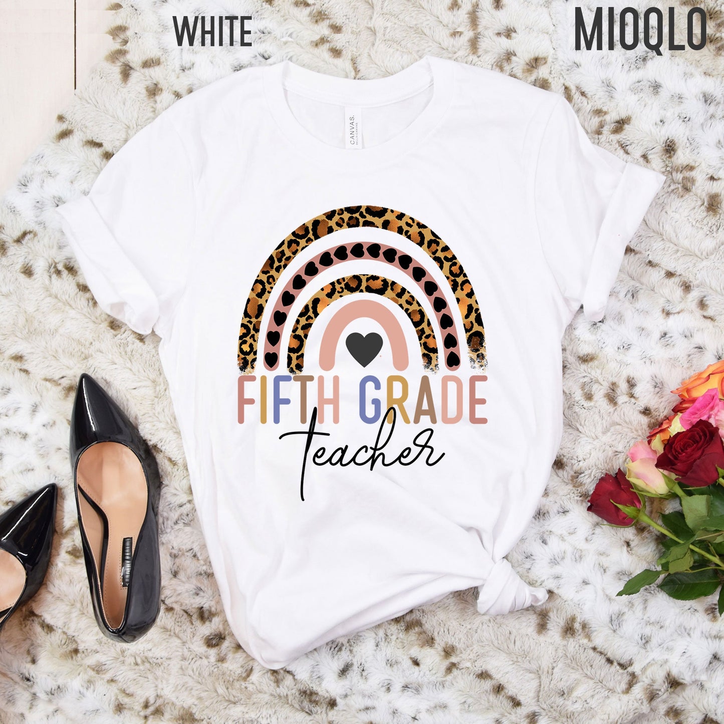 Fifth Grade Teacher, 5th Grade Teacher Shirt, Boho Rainbow Leopard Teacher Tee, Gift For Teacher, Elementary Teacher, Hello Fifth Grade Tee