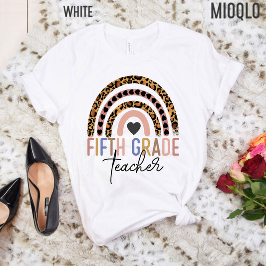 Fifth Grade Teacher, 5th Grade Teacher Shirt, Boho Rainbow Leopard Teacher Tee, Gift For Teacher, Elementary Teacher, Hello Fifth Grade Tee