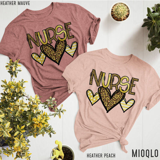 Nurse Life Shirt, Cute Nurse With Leopard Heart Yellow Shirt, Nurse Love Appreciation Gift, Future Nurse Leopard Shirt, Nurse With Heart Tee