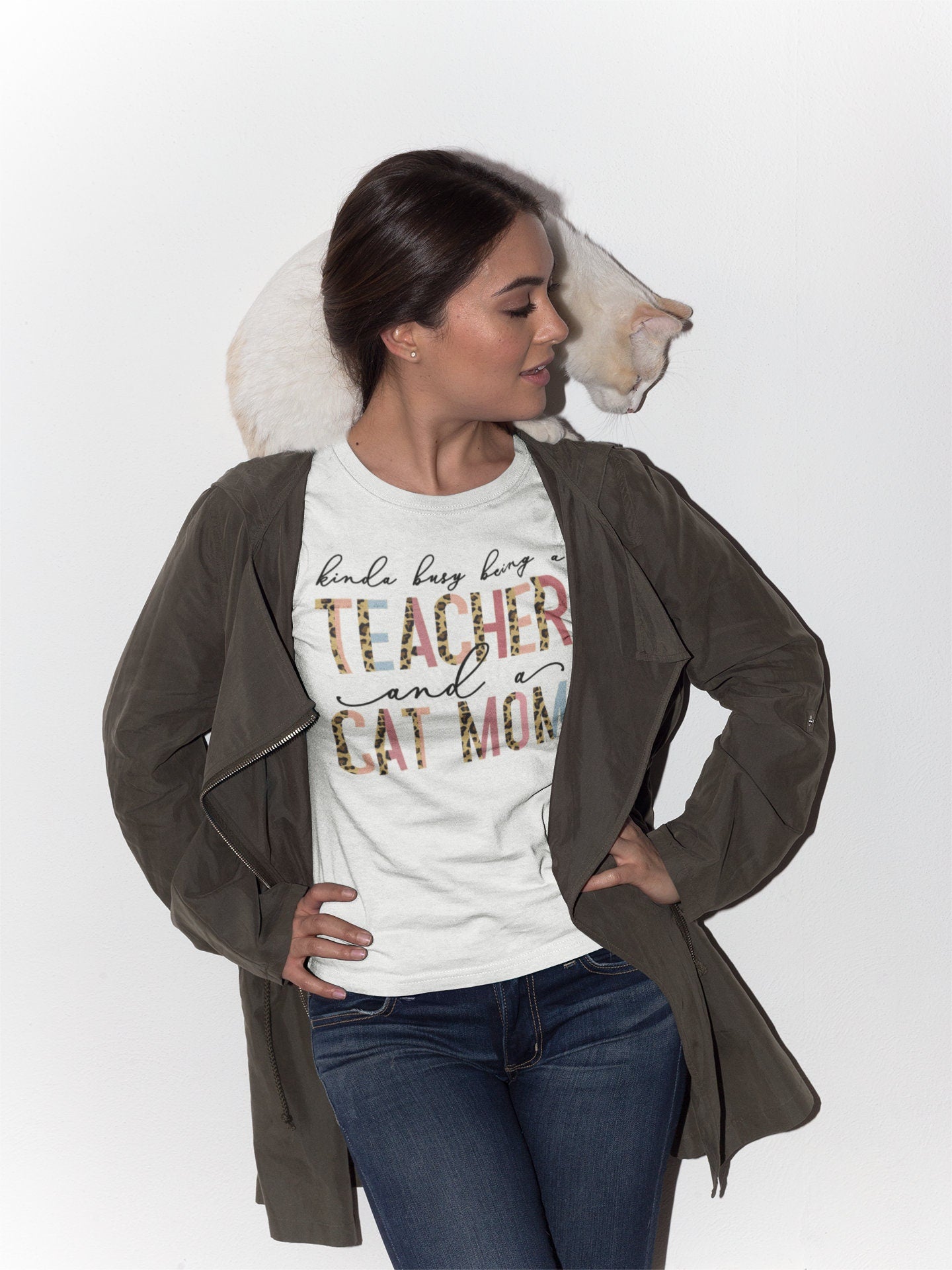 Kinda Busy With Being A Teacher And A Cat Mom Shirt, Teacher Tee, Cat Lover Tee, Animal Lover, Kind of, Half Leopard Teacher Appreciation