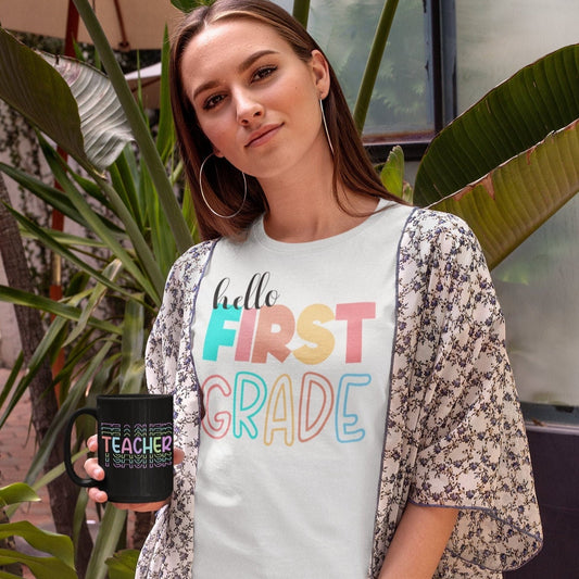 Hello First Grade, 1st Grade Level Teacher Shirt, Elementary First Day of School Tee, Squad Tribe Crew, Teacher Team Spirit, Back to School