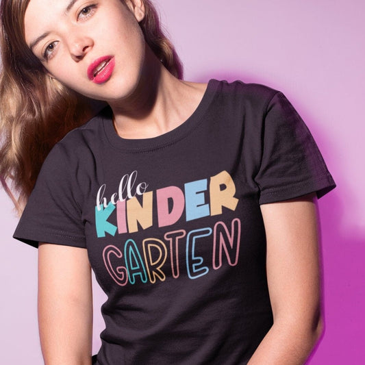 Hello Kindergarten, Kinder Grade Level Teacher Shirt, Elementary First Day of School Tee, Squad Crew, Teacher Team Spirit, Back to School