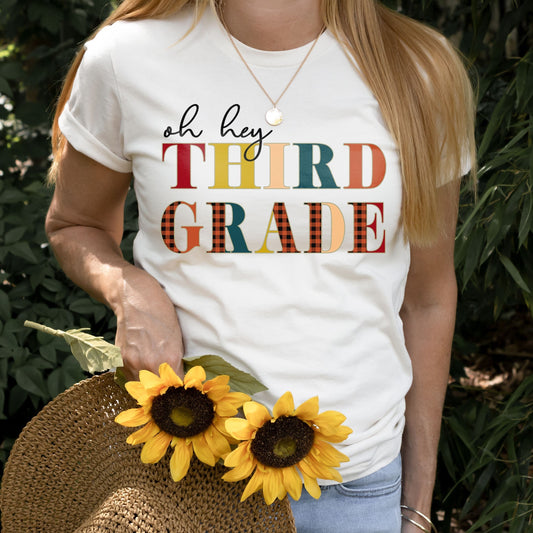 Custom Oh Hey Third Grade Teacher Buffalo Fall Plaid Shirt, 3rd Grade Teacher Sweatshirt, Autumn Sweater, School Third Grade Thank You Tee
