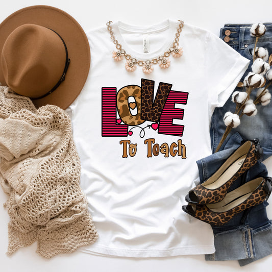 Love To Teach Shirt, Valentines Day Teacher T-Shirt, Half Leopard Teacher Tee, Kindergarten Teacher Gift, Valentines Day Gift For Teachers