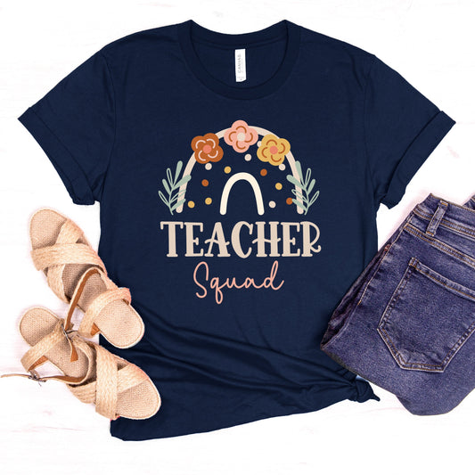 Teacher Squad Flower Shirt, Future Teacher Rainbow T-Shirt, School Elementary Valentines Day Gift, Admin Staff Office Middle School Team Tee