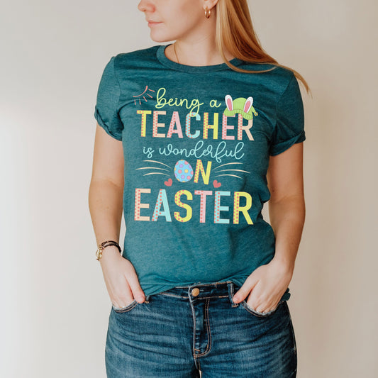 Being A Teacher Is Wonderful On Easter Shirt, Preschool Kindergarten Elementary School Hip Hop Easter Tee Happy Pre-K Kinder Matching Bunny