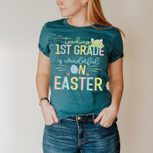 Teaching 1st Grade Is Wonderful On Easter Shirt, First Grade Elementary School Hip Hop Easter Tee Happy Easter Teacher Team Hoppy Bunny Ear