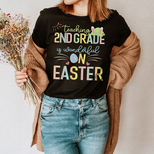 Teaching 2nd Grade Is Wonderful On Easter Shirt, Second Grade Elementary School Hip Hop Easter Tee Happy Easter Teacher Team Hoppy Bunny