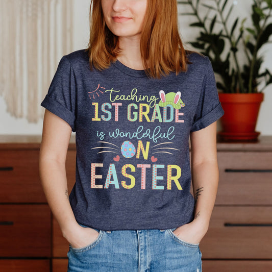 Teaching 1st Grade Is Wonderful On Easter Shirt, First Grade Elementary School Hip Hop Easter Tee Happy Easter Teacher Team Hoppy Bunny Ear