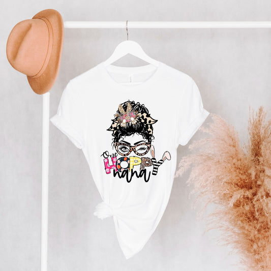 One Hoppy Nana Shirt, Leopard Messy Bun Easter Shirt, Nana Bunny Ear Shirt, Nana Easter Gifts, Easter Bunny Grandma Gift For Mom Hip Hop Tee