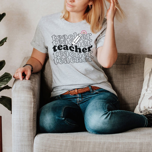 Teacher Shirt, Repeated Teacher Text Design, Rainbow Teacher Shirt, Pencil TK Preschool Elementary Daycare Teachers Team, Teacher Squad Tee