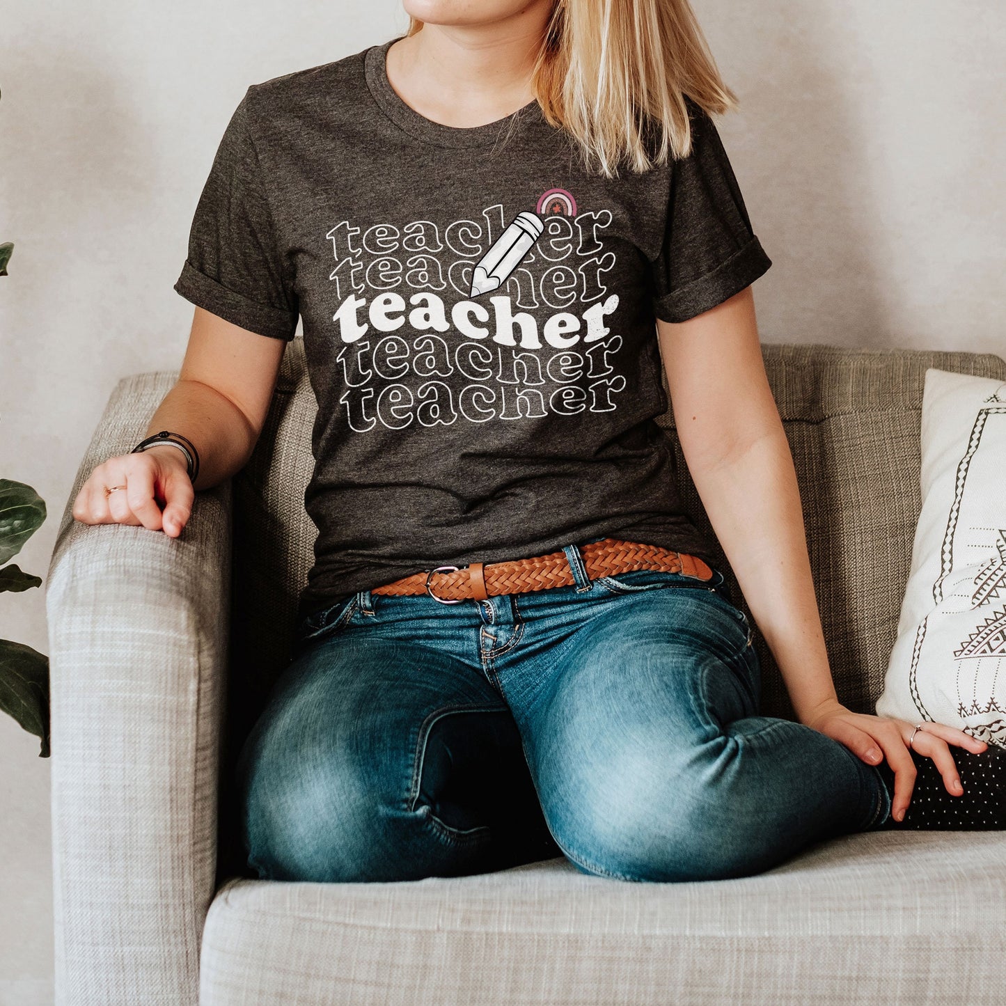 Teacher Shirt, Repeated Teacher Text Design, Rainbow Teacher Shirt, Pencil TK Preschool Elementary Daycare Teachers Team, Teacher Squad Tee