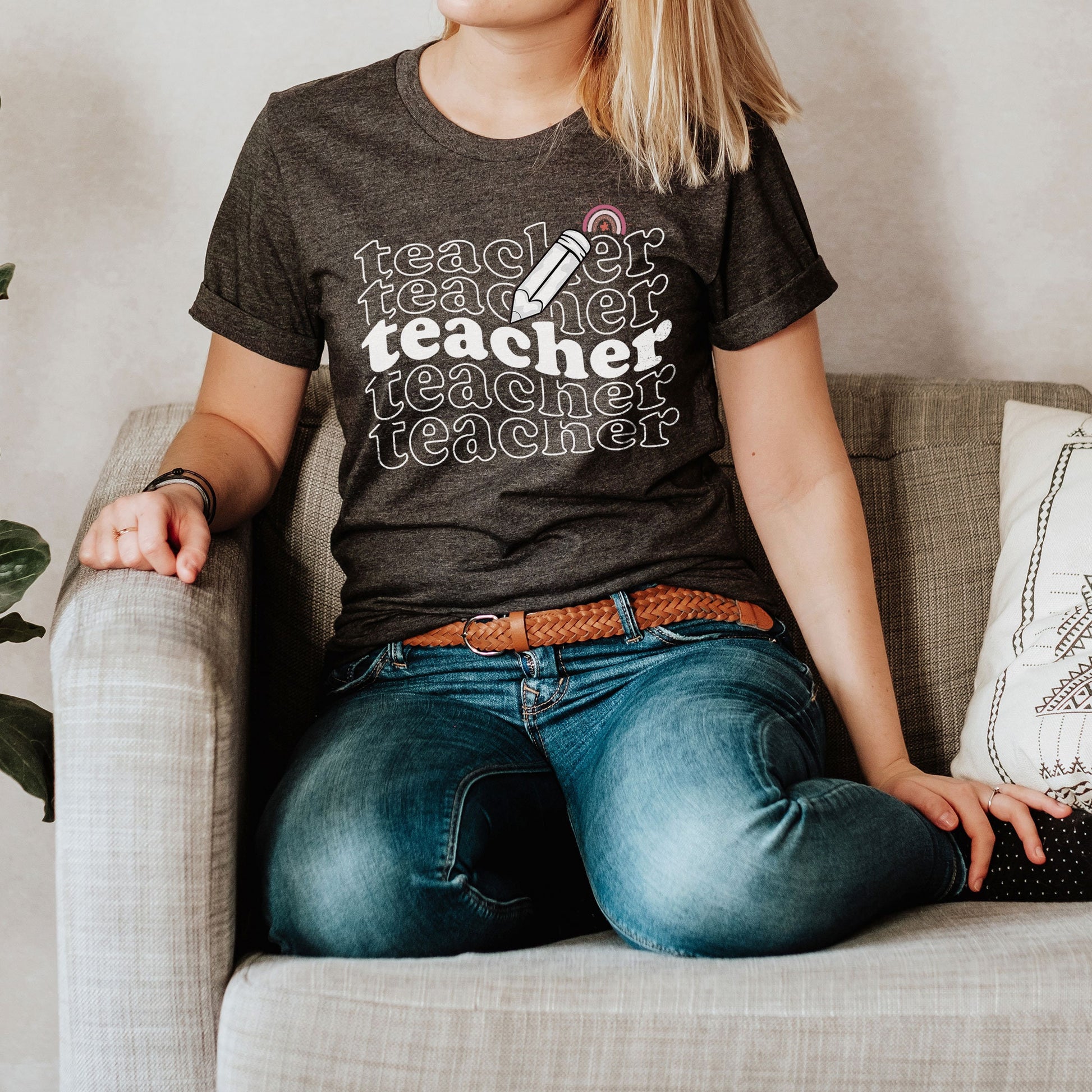 Teacher Shirt, Repeated Teacher Text Design, Rainbow Teacher Shirt, Pencil TK Preschool Elementary Daycare Teachers Team, Teacher Squad Tee