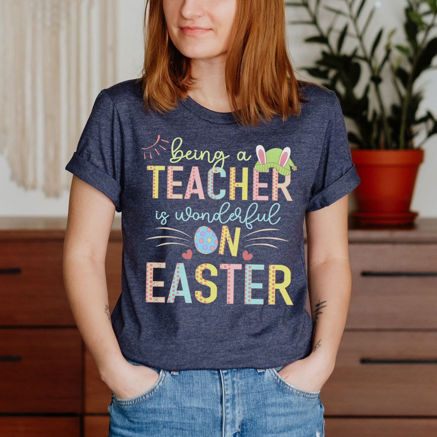 Being A Teacher Is Wonderful On Easter Shirt, Preschool Kindergarten Elementary School Hip Hop Easter Tee Happy Pre-K Kinder Matching Bunny