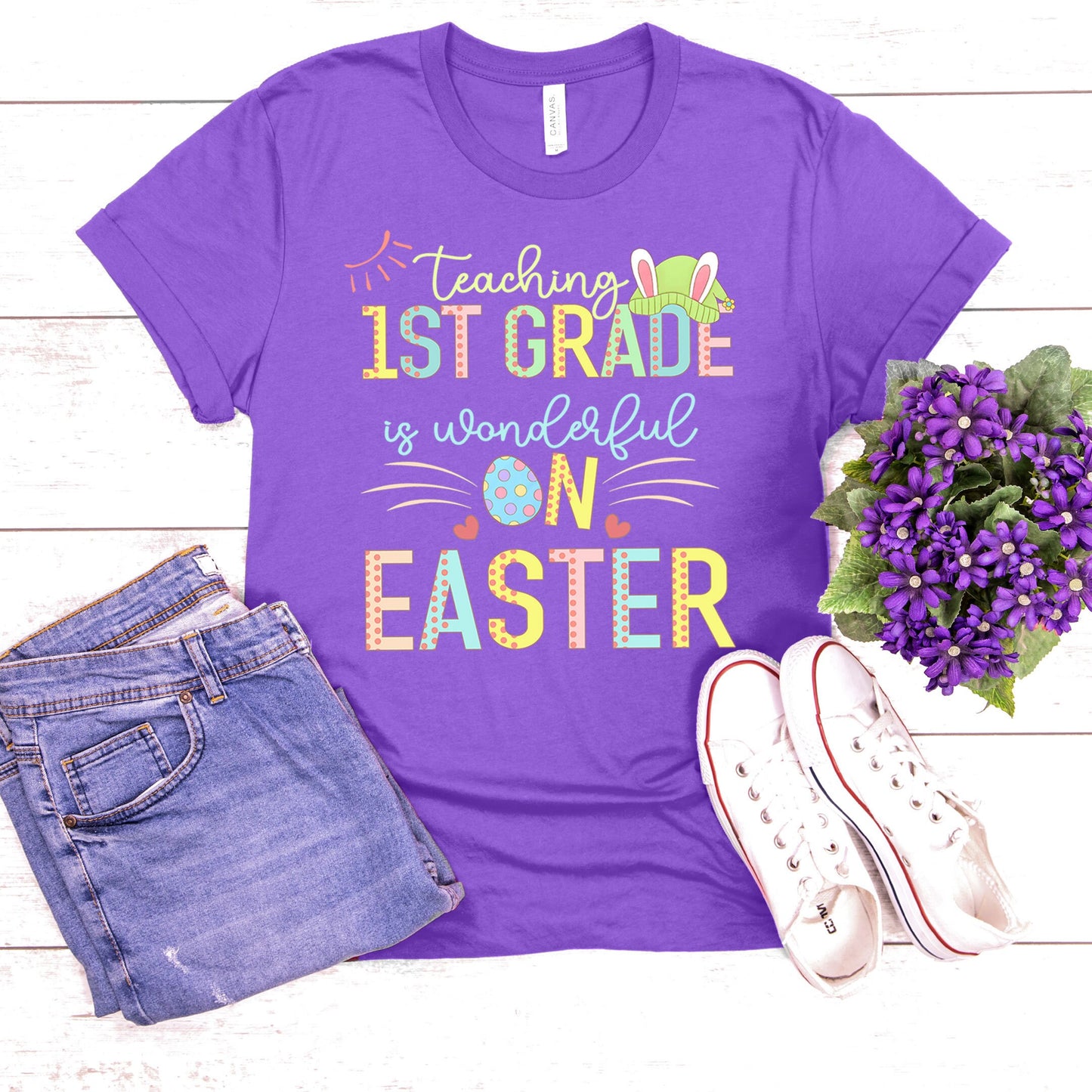 Teaching 1st Grade Is Wonderful On Easter Shirt, First Grade Elementary School Hip Hop Easter Tee Happy Easter Teacher Team Hoppy Bunny Ear