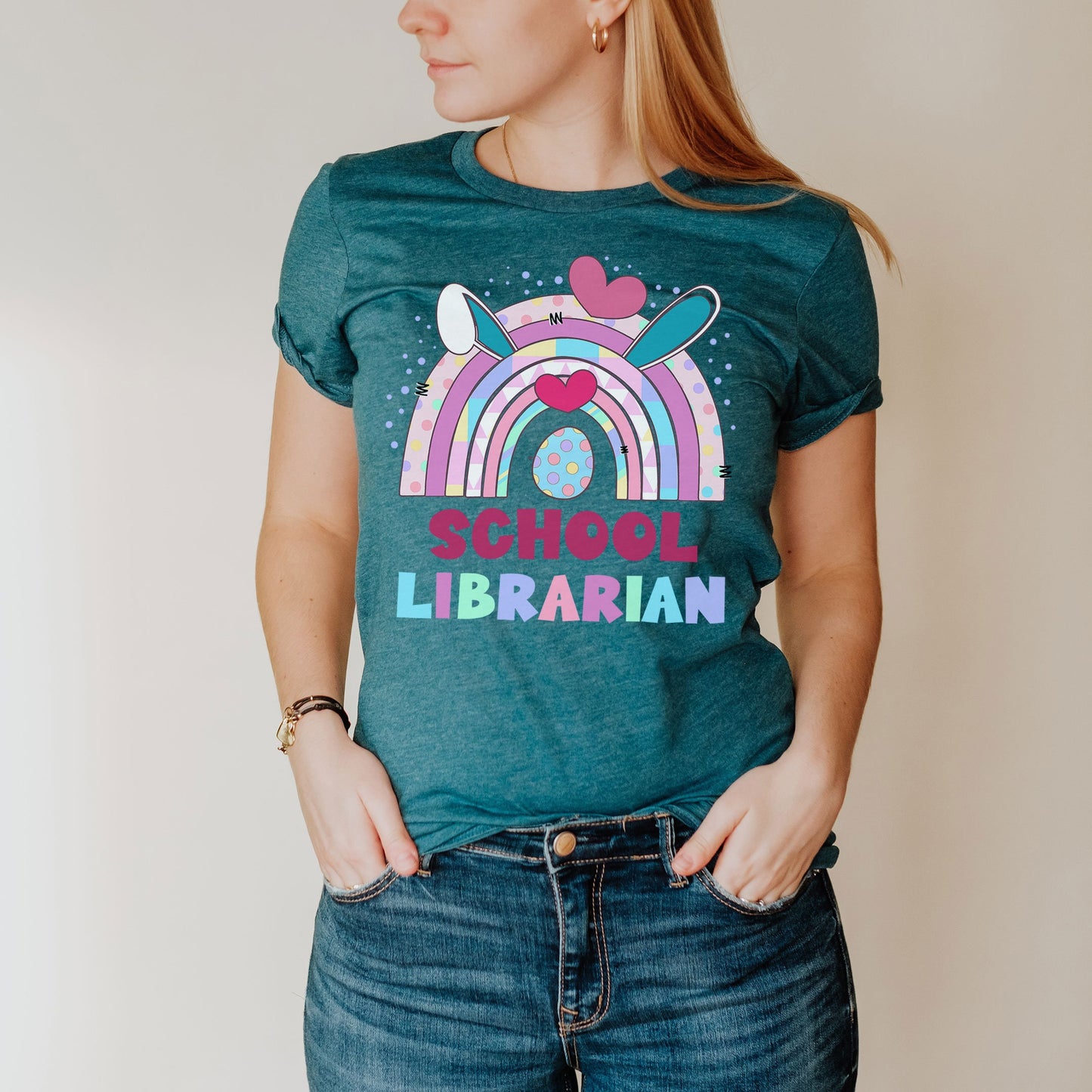 School Librarian Grade Easter Shirt, Library Team Easter Shirt Teacher Library Group Reading Bunny Ear Easter Tee Matching Book Lover Office