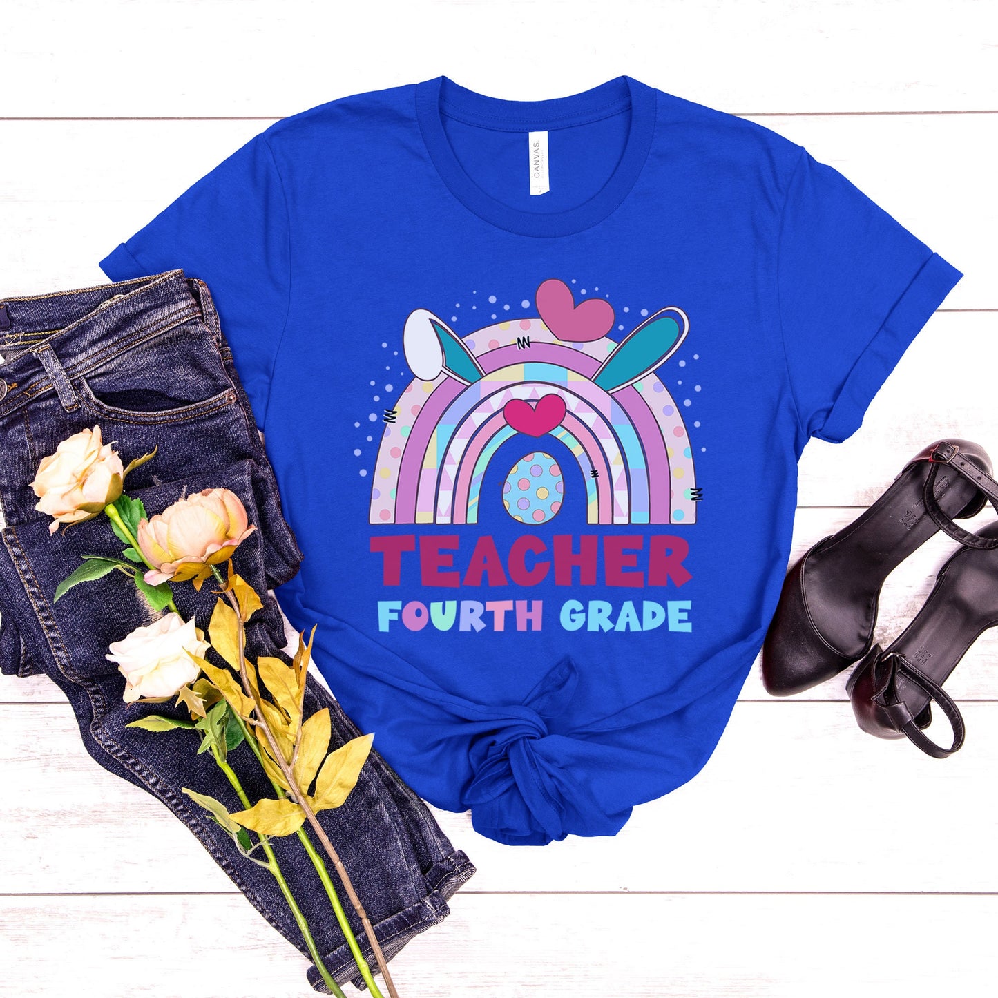 Teacher 4th Grade Easter Shirt, Fourth Grade Easter Shirt, Teacher Squad Elementary Bunny Ear Easter Tee, Happy Easter School Teacher Office