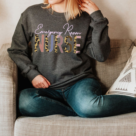 Emergency Room Nurse Leopard Sweatshirt, ER EMT RN Graduate Nursing School, Critical Care Future Graduation Sweater Nurse Students Grad Gift
